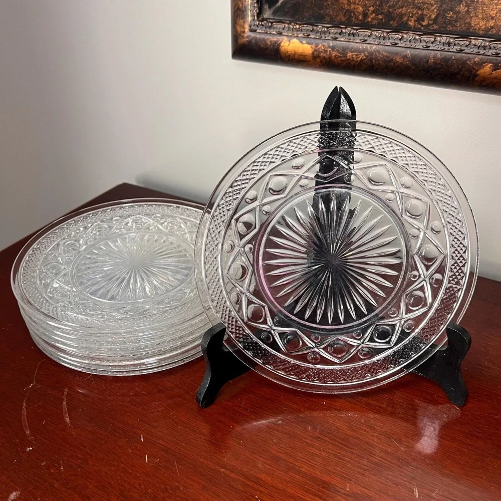 Vintage Clear Glass Salad Plates Set of 8 Starburst Diamond Dessert Plates